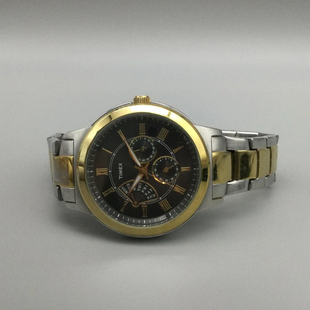 Timex Retrograde Mens Watch 43mm Black Dial Two Tone Day Date New Battery 8.25